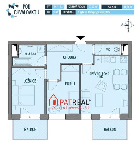 Bytová jednotka 3+kk, 70.50m² se dvěma balkony - bytový komplex POD CHVALOVKOU - B